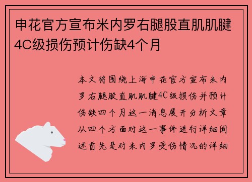申花官方宣布米内罗右腿股直肌肌腱4C级损伤预计伤缺4个月