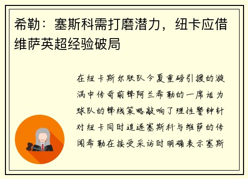 希勒：塞斯科需打磨潜力，纽卡应借维萨英超经验破局