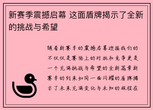 新赛季震撼启幕 这面盾牌揭示了全新的挑战与希望